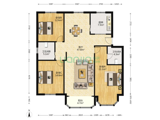 东兴苑北区 3室1厅2卫 138平方