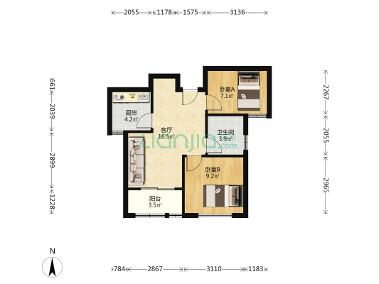 明皇家园 2室1厅1卫 68平方