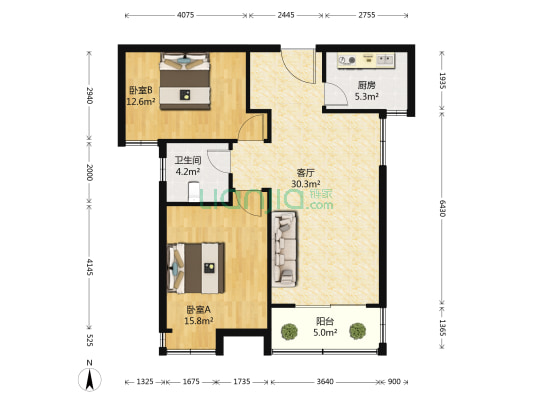 龙翔·世纪城 2室1厅1卫 88平方