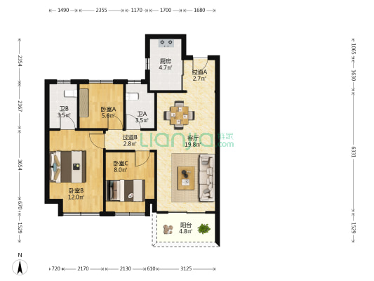 龙光玖台花苑 3室1厅2卫 89平方