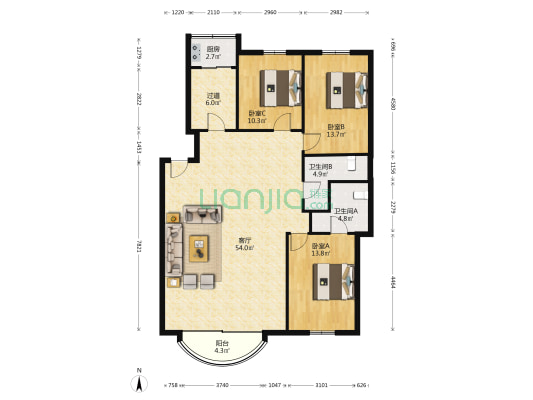 阳光花园二期 3室1厅2卫 133平方