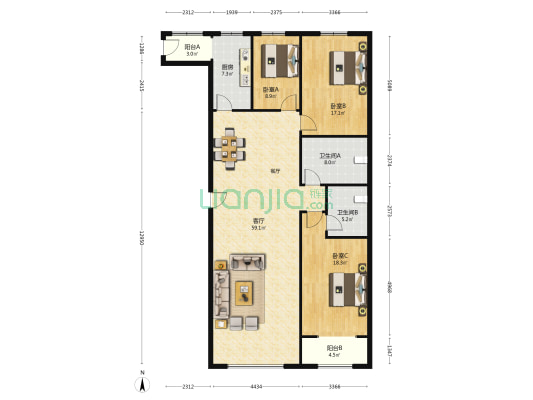 银河职工公寓 3室1厅2卫 176平方
