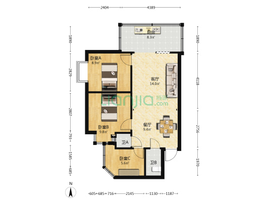 曙光路北段14号 3室2厅2卫 60平方