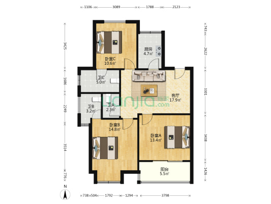 长虹南苑 3室1厅3卫 107平方