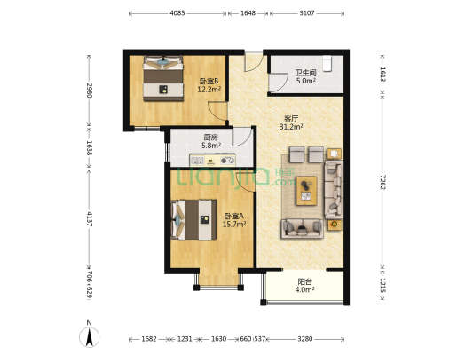 方正户型  南北    采光好无遮挡   中楼层-户型图