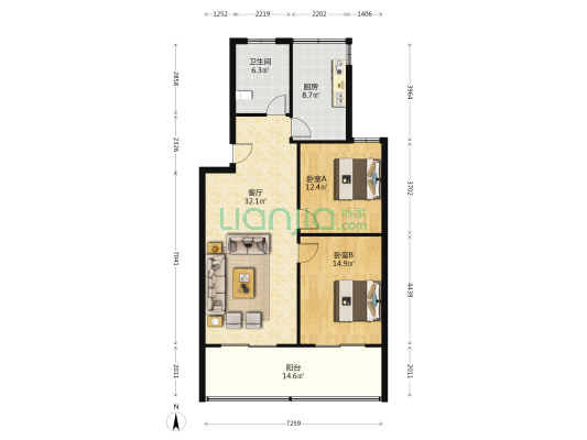 椰泰公寓 2室1厅1卫 96平方