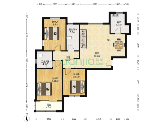 腊山南苑一区 3室1厅2卫 127平方