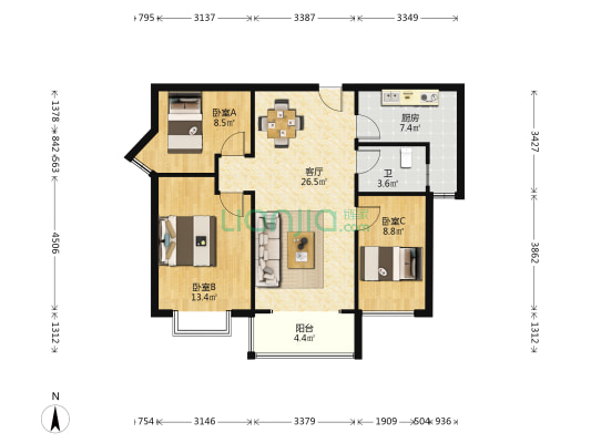 湘峰广场 3室1厅1卫 86平方