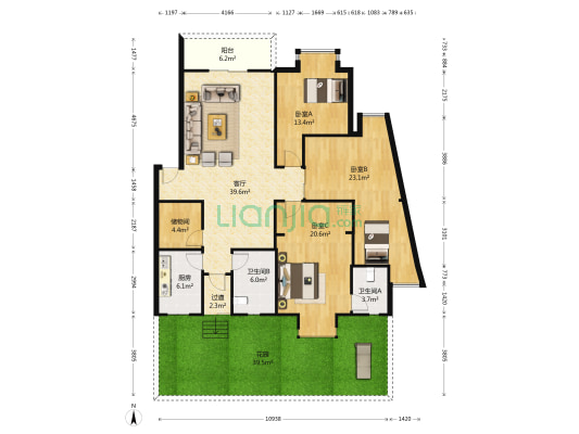 汇龙花园 3室1厅2卫 138平方