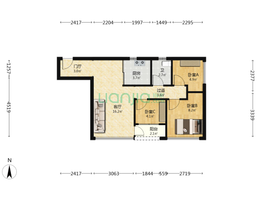 天汇城一期 3室1厅1卫 75平方