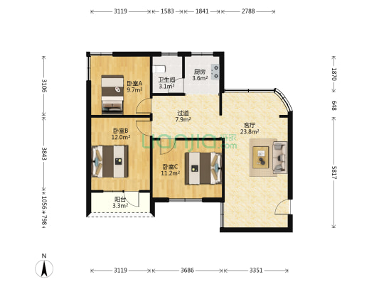 港莲二村 3室1厅1卫 86平方