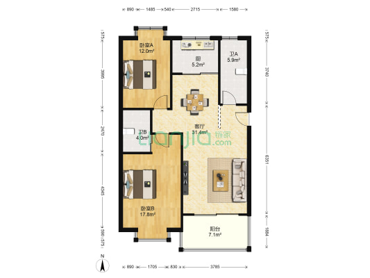香格里花园东区 2室1厅2卫 98平方