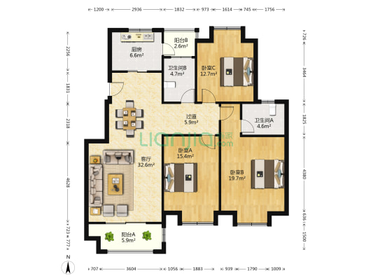滨湖花园 3室1厅2卫 129平方