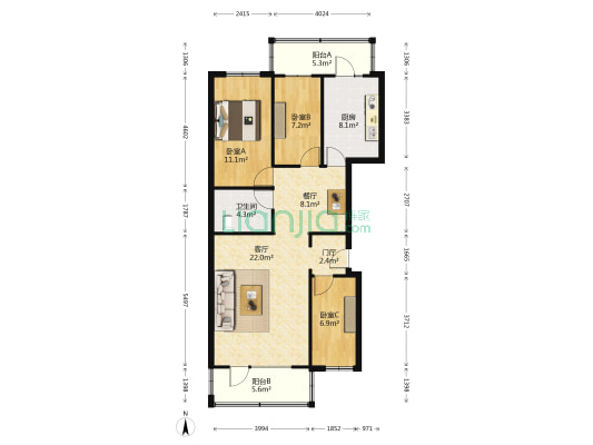 龙军小区 3室2厅1卫 103平方