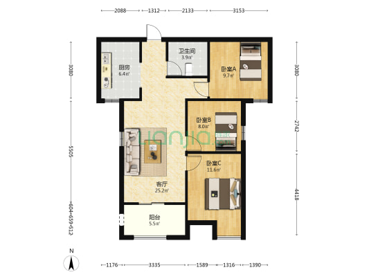 西亭康城 3室1厅1卫 94平方