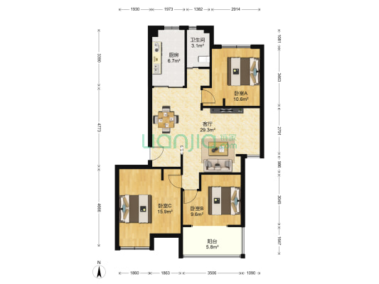 风景大院 3室1厅1卫 105平方