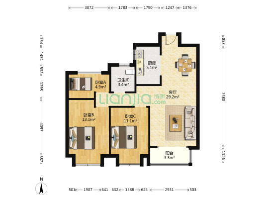 汉和十园 3室1厅1卫 95平方