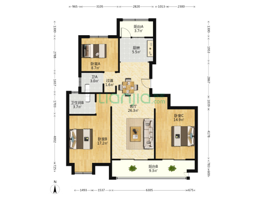 德润天誉 3室1厅2卫 130平方