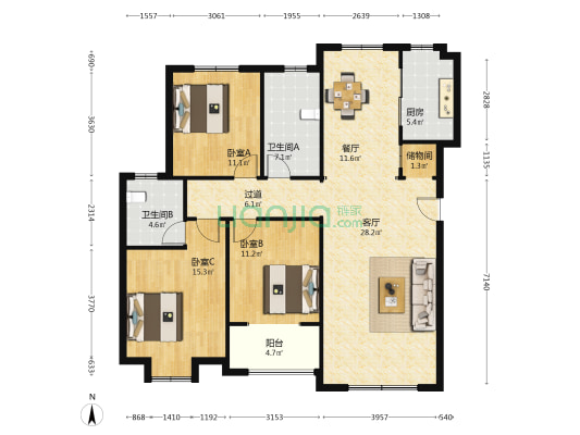 盛大名筑 3室2厅2卫 142平方