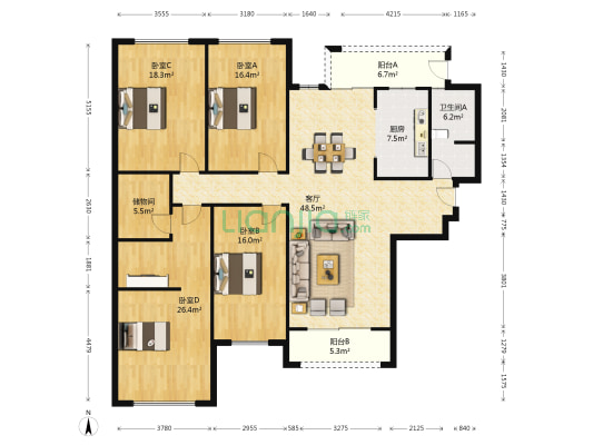 名门紫园一期 4室1厅1卫 190平方