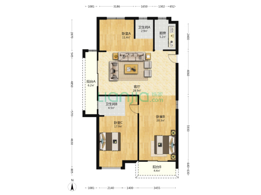 京港嘉园 3室1厅2卫 127平方