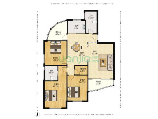 海洺园 3室2厅2卫 136平方