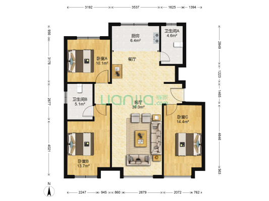 霞飞六号 3室1厅2卫 120平方