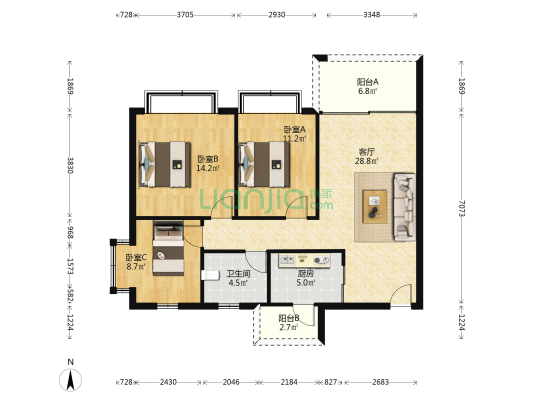 城市花园小康苑 3室1厅1卫 96平方