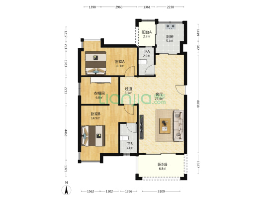 金田苑 2室1厅2卫 108平方