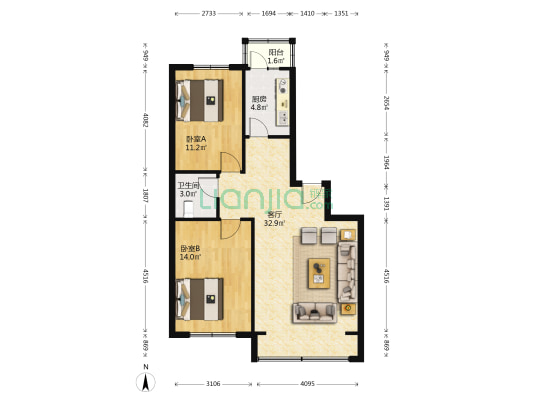 南城家园F区 2室1厅1卫 92平方