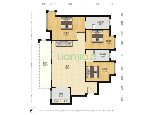 建邦花溪府 3室1厅2卫 125平方