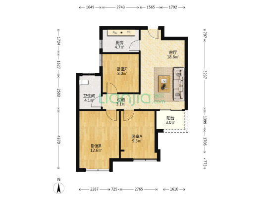 康桥悦城3号院 3室1厅1卫 87平方