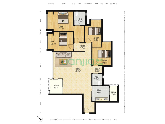 印江州琨印 4室1厅2卫 130平方