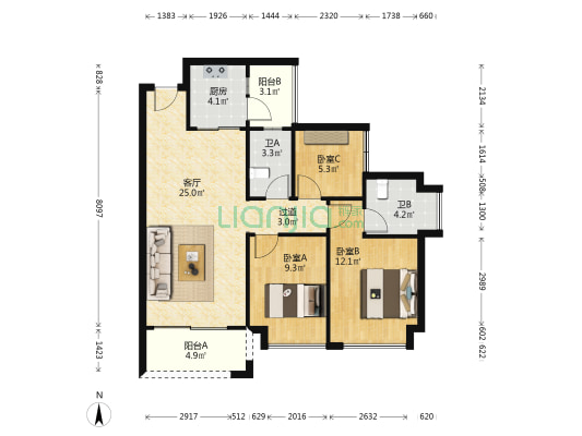 怡翠尊堤晖园 3室1厅2卫 89平方