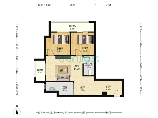 尚书房 2室2厅1卫 90平方
