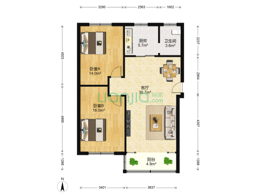 名杰花园 2室1厅1卫 95平方