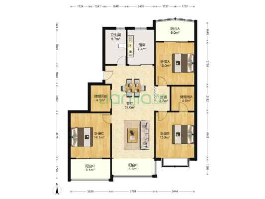 叙丰家园北区 3室1厅1卫 129平方