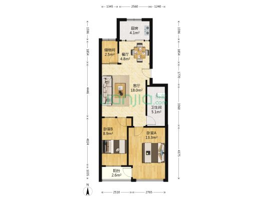 锦绣山庄福霖居 2室2厅1卫 75平方