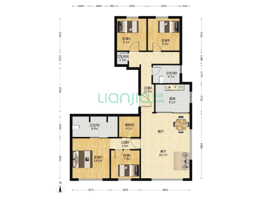万科翡翠长江 4室1厅3卫 192平方