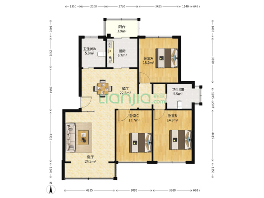 里仁花园一期 3室2厅2卫 128平方