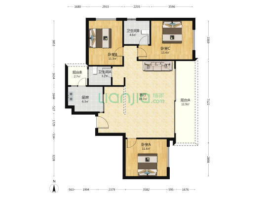 麓湖生态城玥港 3室1厅2卫 135平方