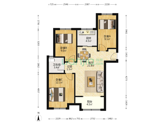 祥泰新河湾北区 3室1厅1卫 96平方