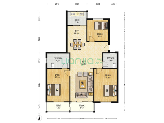 苏建雅居 3室2厅2卫 135平方