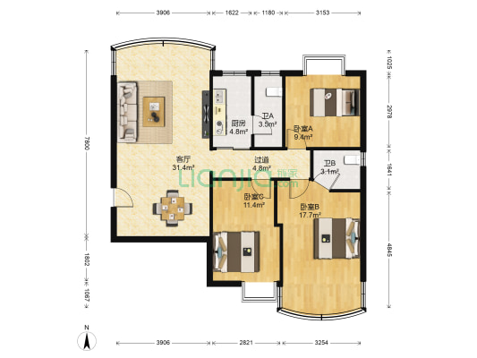 唐园小区 3室1厅2卫 114平方