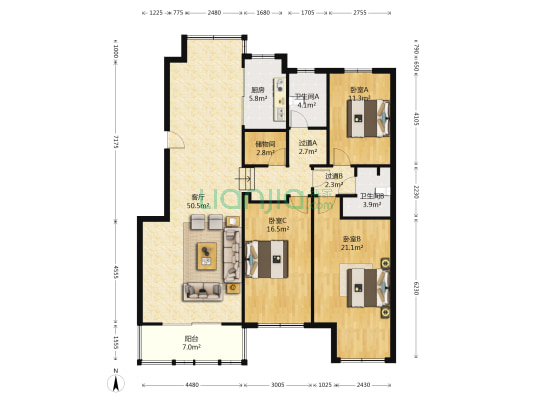 新世纪花园南区 3室1厅2卫 155平方