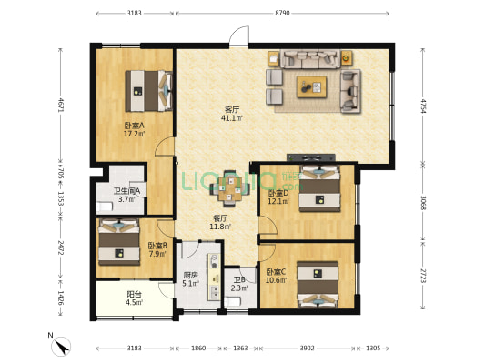 阳光小区 4室2厅2卫 134平方
