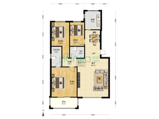 世纪花园小区 3室1厅2卫 128平方