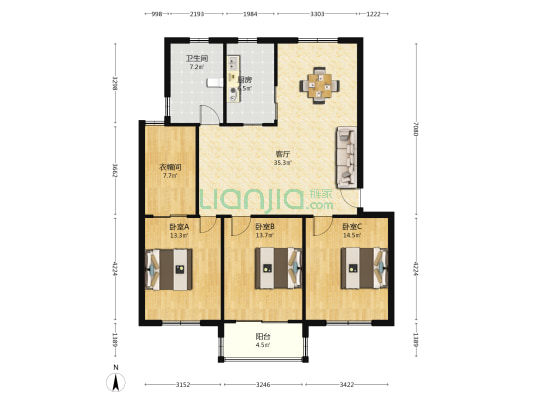 恒生南苑 3室1厅1卫 124平方