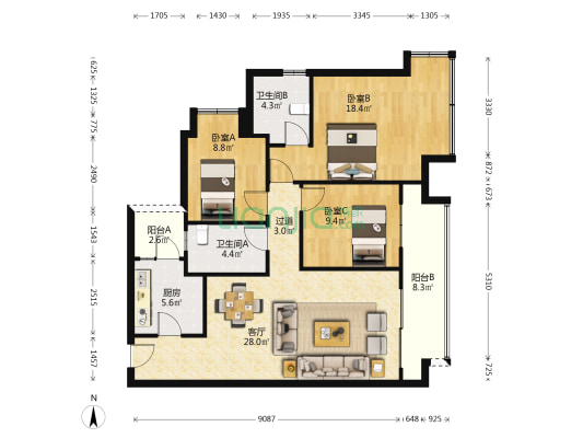 华润置地公园九里琅悦B区 3室1厅2卫 127平方