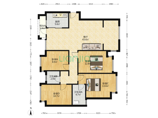 卓越维港 4室1厅2卫 135平方